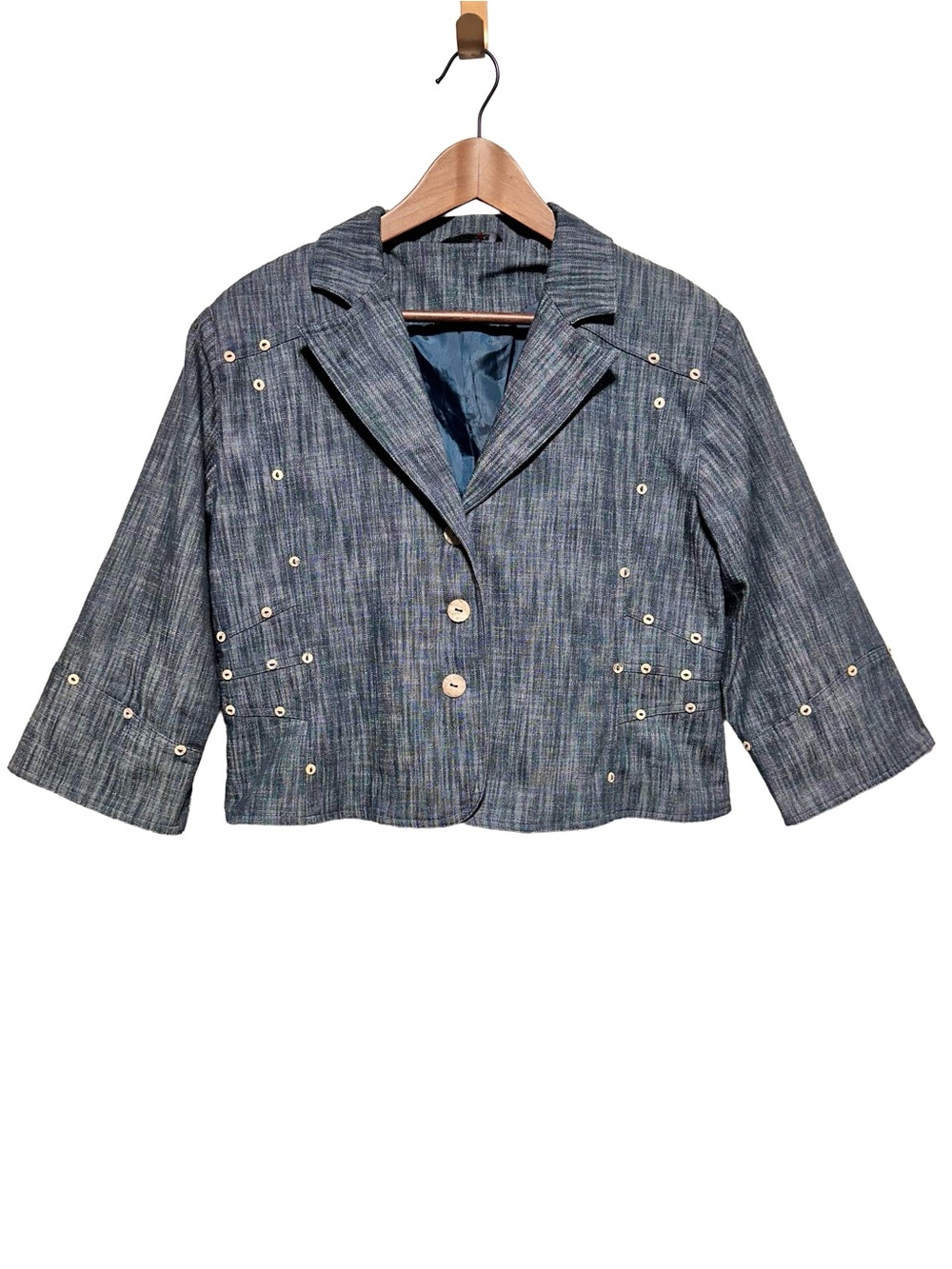 LE GRENIER Blue Textured Crop Jacket Quiet Luxury Artsy Careerwear L/XL